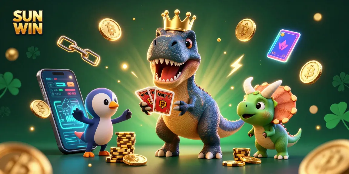 SUN WIN entertains with a friendly T-Rex shuffling cards, alongside crypto-themed elements.