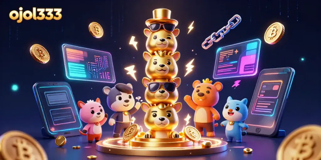 Experience ojol333 with vibrant 3D visuals illustrating a dynamic casino world filled with cryptocurrency elements.