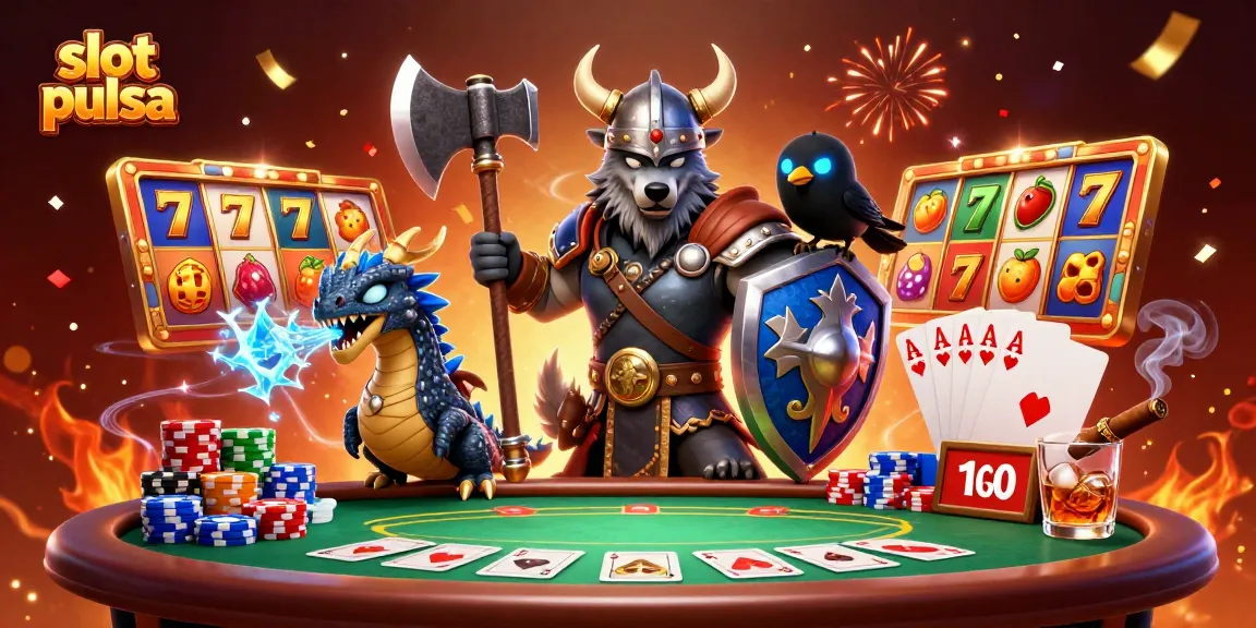 Permainan slot pulsa dengan karakter Viking dan naga bersatu di kasino online.