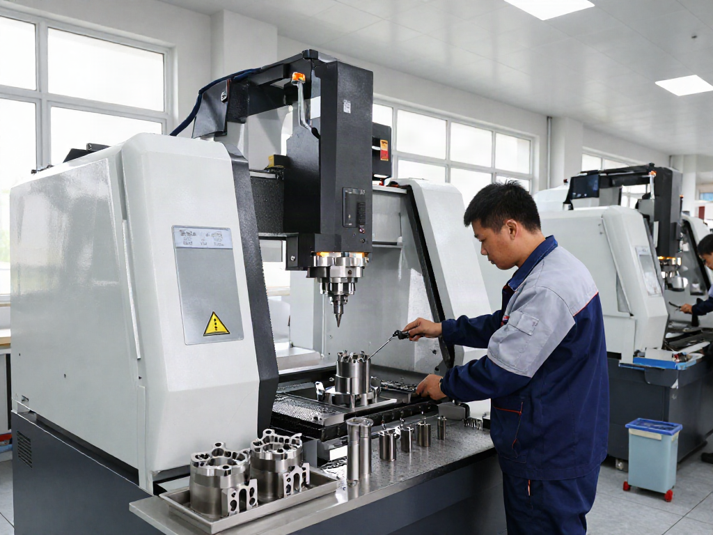 Precision CNC machining supplier in a modern facility with skilled technician operating machinery and precision components.