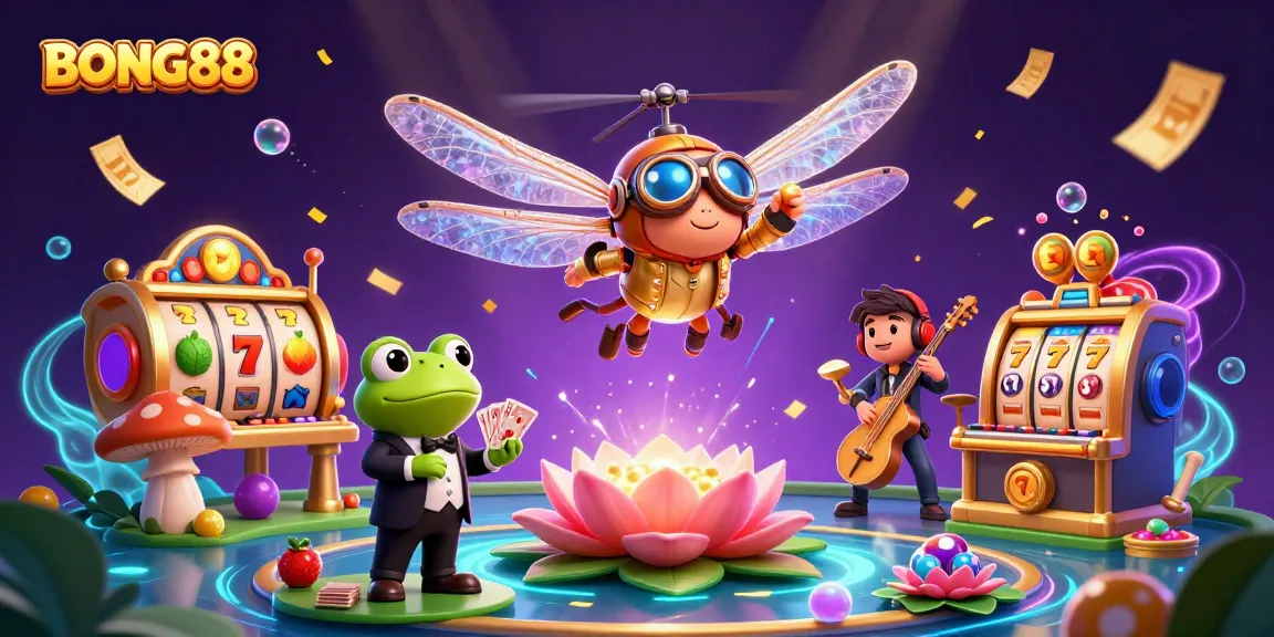 BONG88 showcases a vibrant, animated casino scene with a helicopter pilot and jazz musicians.