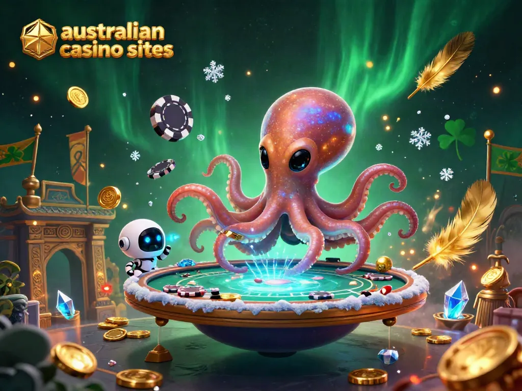 Engage with the vibrant alien octopus at a holographic poker table in this Australian online casino sites artwork.