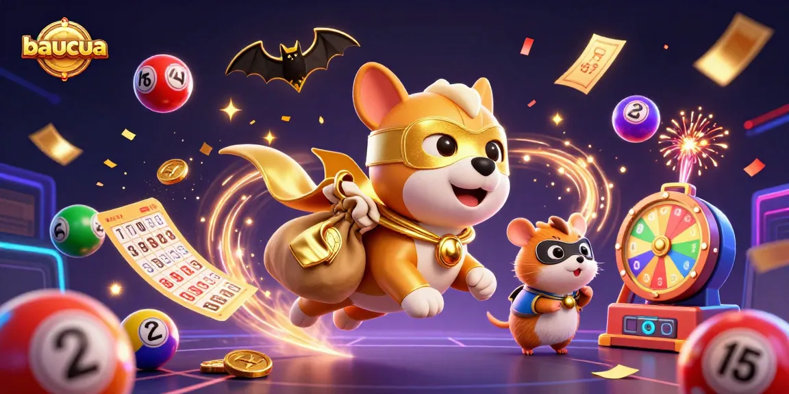 Baucua game brings excitement with a superhero dog and colorful gameplay elements in a dynamic casino-themed scene.