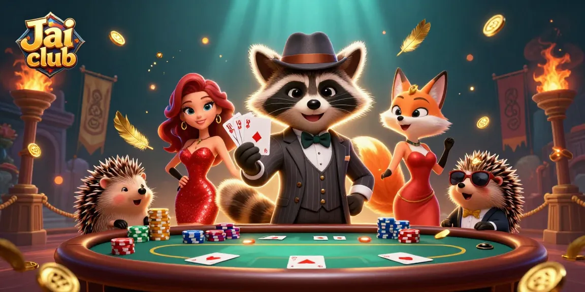Experience exciting poker action at Jai club with raccoon and fox characters amidst a vibrant casino scene.