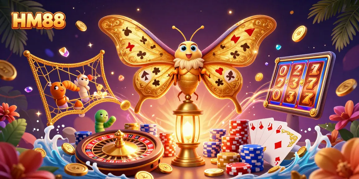 Celebrate your luck at HM88 with a vibrant casino scene featuring golden wings and thrilling games.