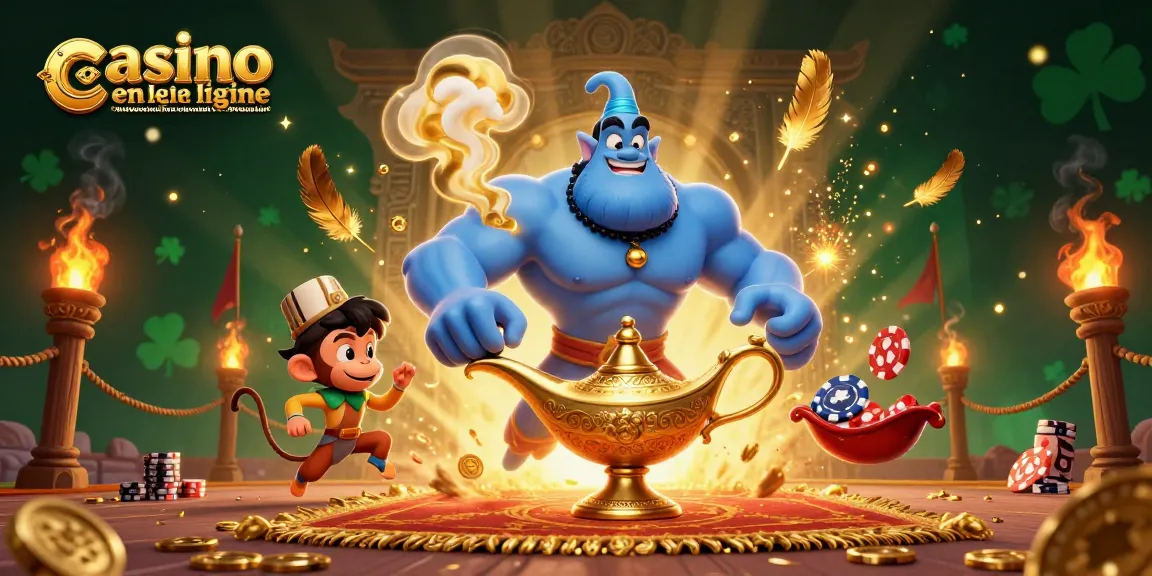 Profitez du casino en ligne retrait immédiat avec un génie et un tapis magique dans une scène dynamique.