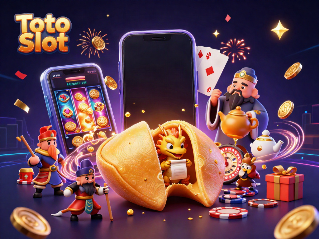 Permainan Toto Slot: ilustrasi raksasa kue keberuntungan dengan naga bijak dan elemen permainan kasino