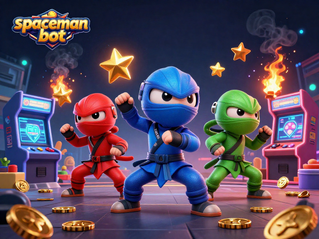 Engage with the spaceman bot as chameleon ninjas battle in a vibrant casino-themed world.