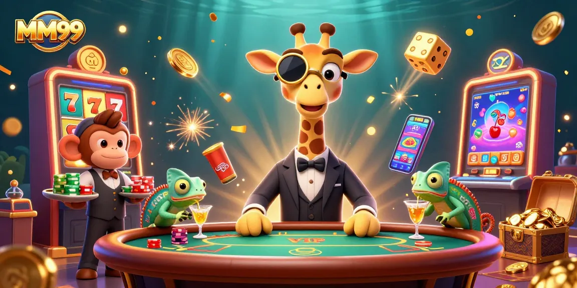 Join the excitement with MM99 at a vibrant casino scene featuring a giraffe, monkey valet, and chameleon bartender.