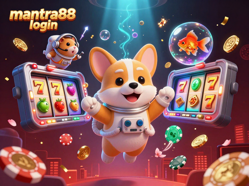 Join the thrill with mantra88 login in this vibrant space station casino scene featuring cartoon characters.
