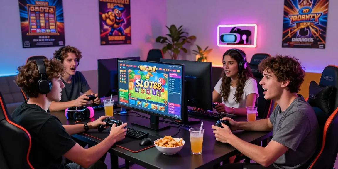 Teman-teman bermain slot88 bersama di meja gaming modern, menunjukkan suasana seru dan kolaboratif.