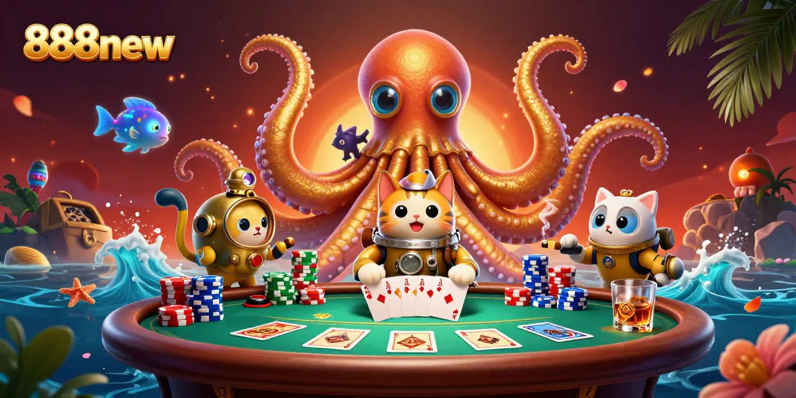 Engage in thrilling gameplay with 888new's immersive poker scene featuring vibrant characters and dynamic elements.