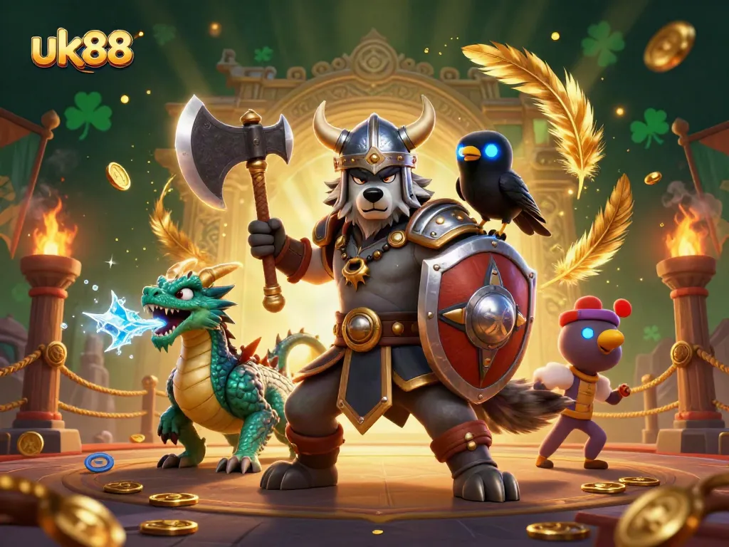 Experience thrilling gameplay at uk88 with a Viking warrior and fierce dragon in a dynamic casino scene.