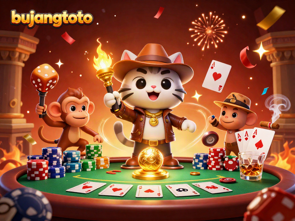 Experience the thrill of bujangtoto with an adventurous scene of characters in a golden casino temple.