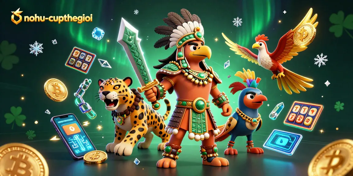 Nohu-cupthegioi showcases dynamic action with vibrant 3D Aztec characters and crypto elements in casino.