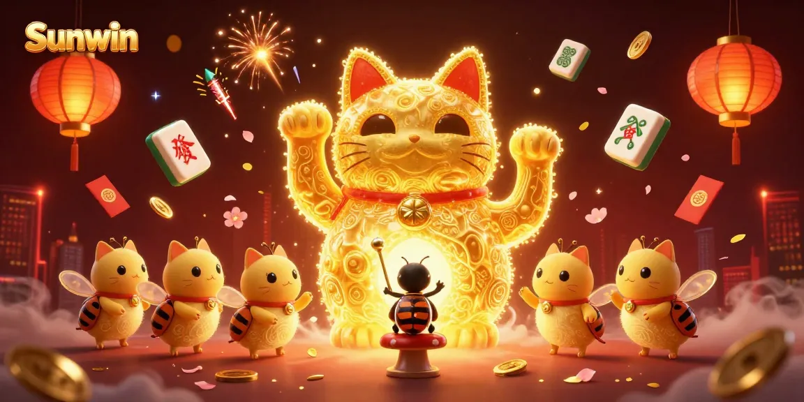 Sunwin showcases a vibrant casino scene with a lucky cat and fireflies, enhancing gaming experience.
