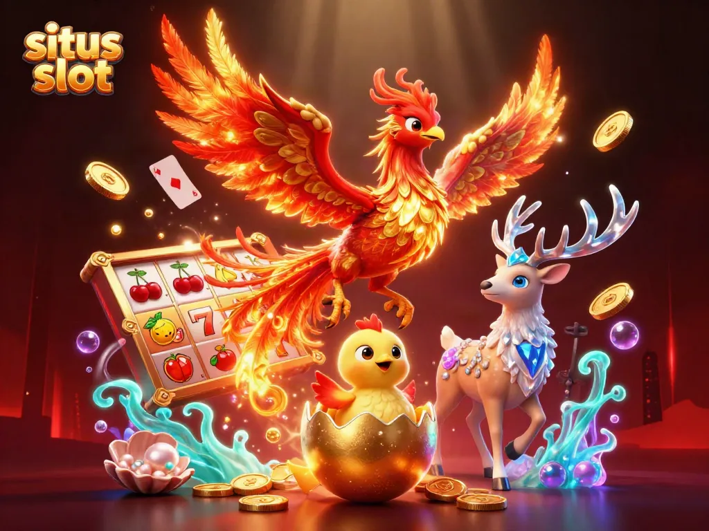 Menangkan permainan dengan situs slot yang menampilkan phoenix berapi-api dan simbol buah berkilauan.