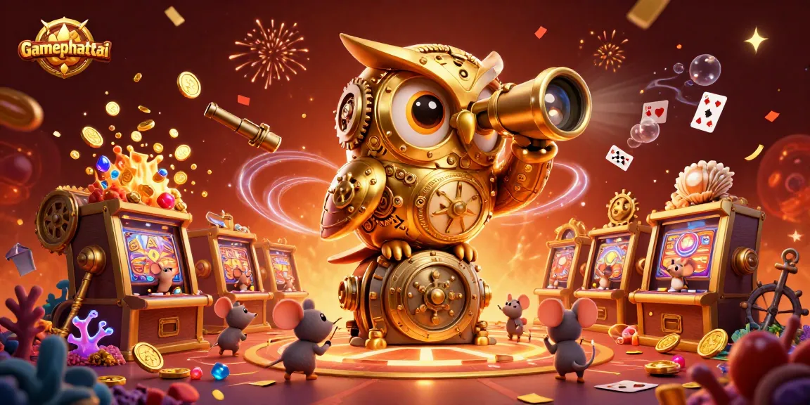 Spin to win with gamephattai in vibrant, dynamic 3D casino illustration filled with gold coins and lively characters.