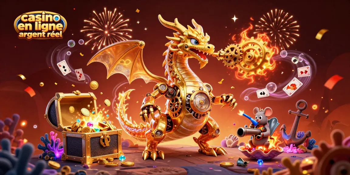 Jouez sur un casino en ligne argent réel, avec un dragon doré mécanique et un ingénieur souris au cœur d'une scène festive.