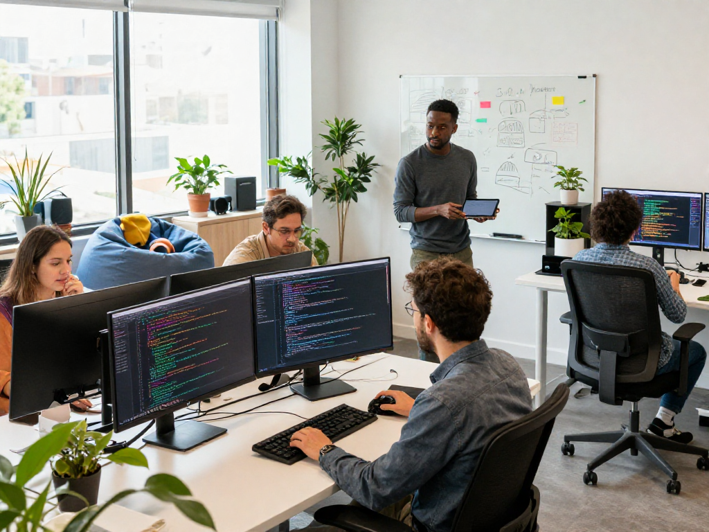 Team collaborating in a vibrant tech workspace featuring net88 project displays