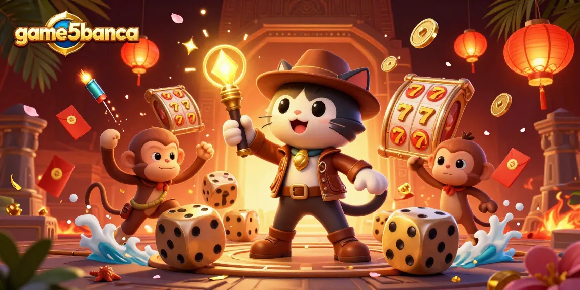 Engage with game5banca as the archaeologist cat uncovers a captivating casino artifact in a vibrant scene.