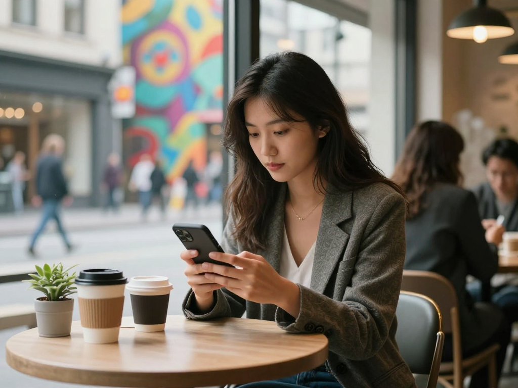 Gái gọi tương tác với khách hàng tại quán cà phê thành phố, phong cách trẻ trung.