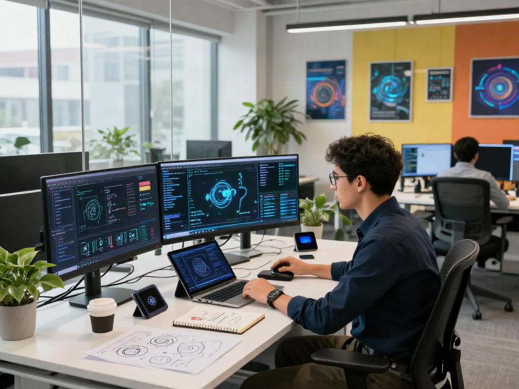 Focused team developing AI solutions in a modern workspace, showcasing innovative technology and collaboration in action, crush on ai.