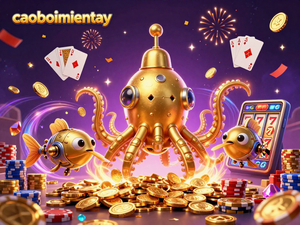 Experience caoboimientay excitement with a golden kraken submarine amidst a treasure of coins and cards.