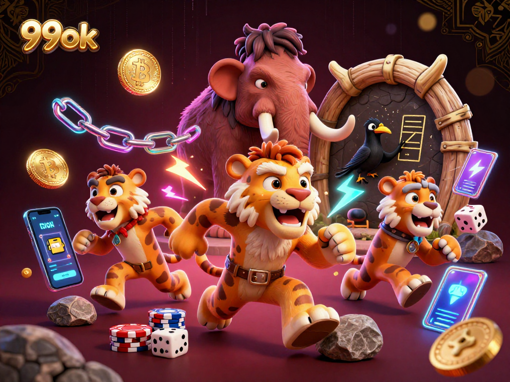 Experience thrilling gaming at 99ok with unique prehistoric casino characters and vibrant crypto elements.