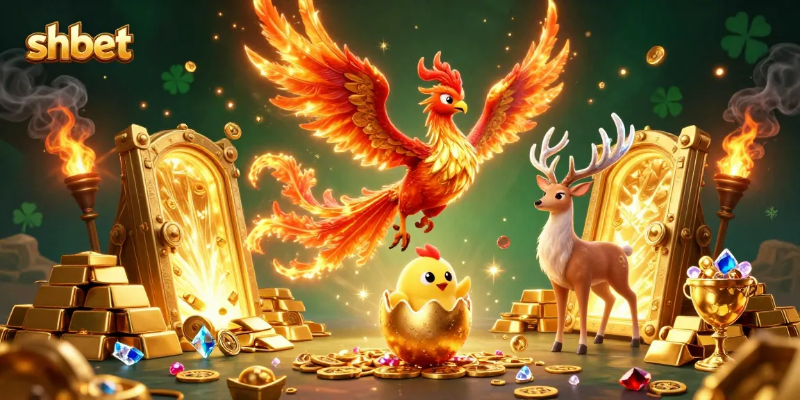 Experience the thrill of shbet with a fiery phoenix and treasures in a vibrant casino world.
