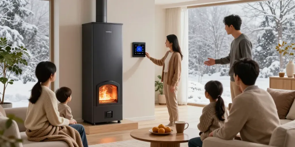 Warm living room scene with family discussing Furnace Install Calgary features during winter.