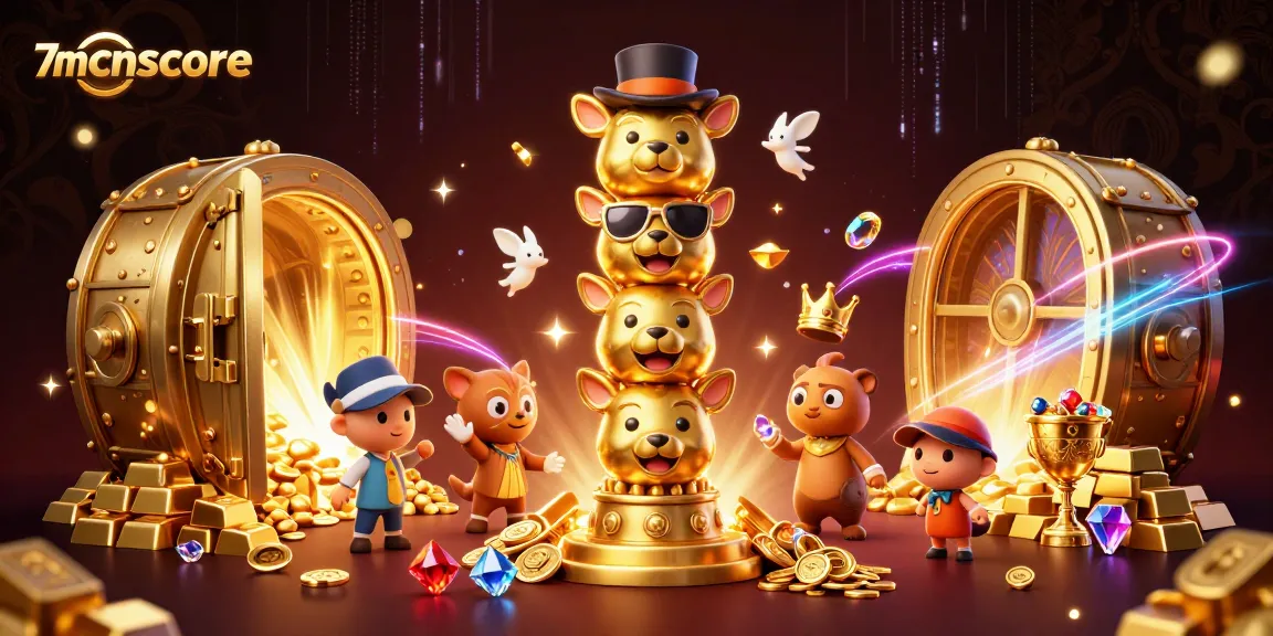 Play at 7mcnscore, featuring vibrant 3D animations of a golden totem surrounded by treasure and casino elements.