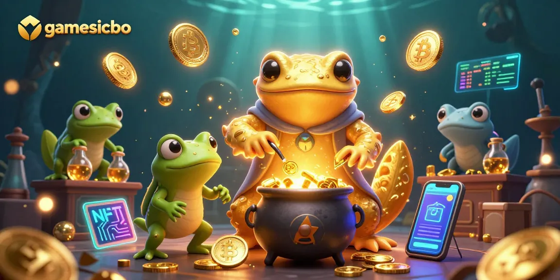 Join gamesicbo for an exhilarating game experience with vibrant golden elements and crypto themes.