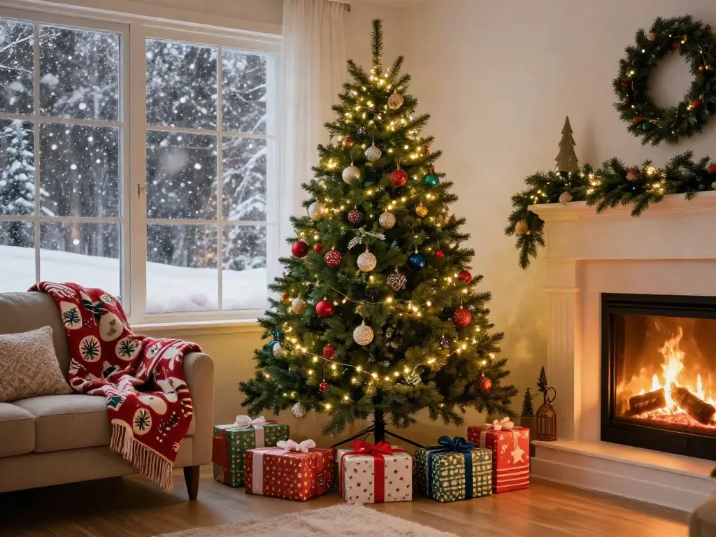 Beautiful slim Christmas tree decorated with lights in a cozy living room during Christmas.