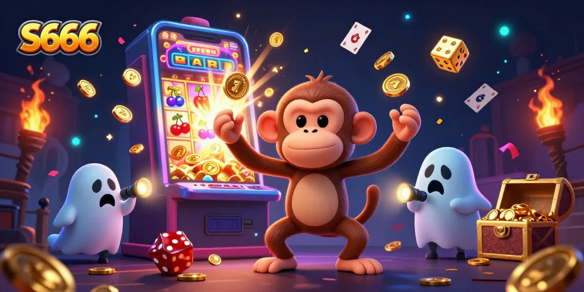 Engage in thrilling gameplay at S666 with a mystical monkey and adventurous puppy in a vibrant casino.