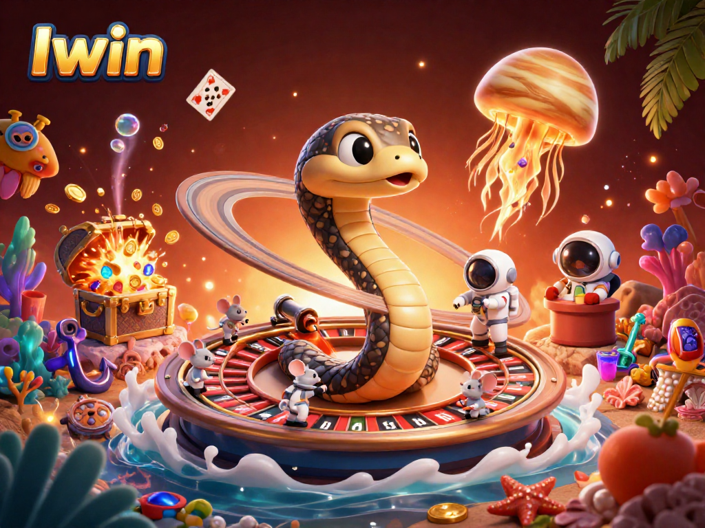 Iwin casino scene with a Saturn ring snake, astronaut mice betting, and golden jellyfish dealer