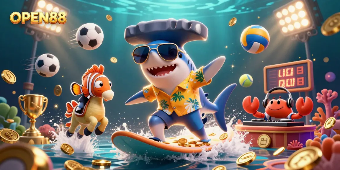 Join the adventure at OPEN88 with a shark celebrating wins surrounded by sports balls and gold coins.