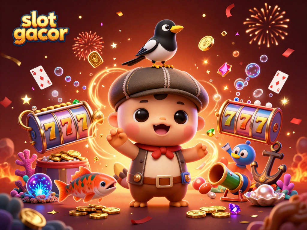 Experience slot gacor excitement with a vibrant 3D illustration of playful characters and casino elements.
