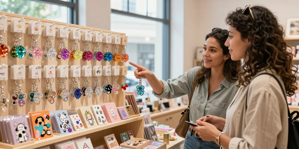 Custom diamond keychain display in a vibrant retail setting, showcasing unique designs and products.