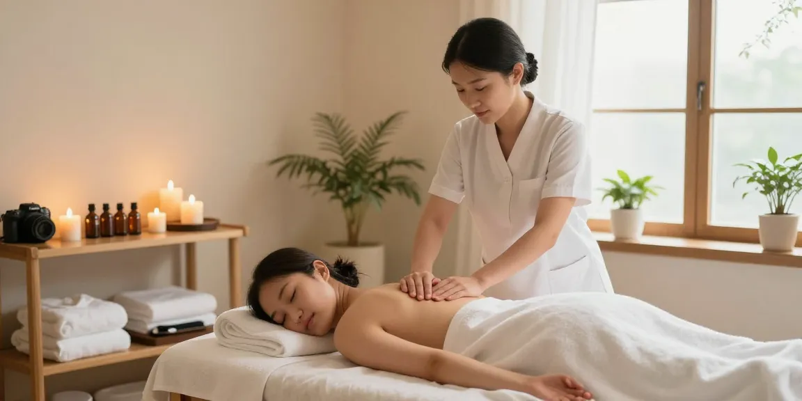 마사지 테라피 룸에서 스웨디시 마사지를 받고 있는 고객과 테라피스트.