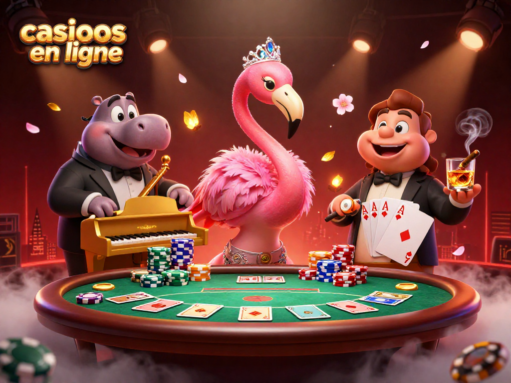 Vivez l'excitation des casinos en ligne avec un flamant chanteur au piano et des éléments de poker.