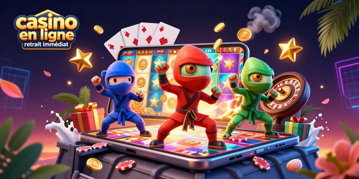 Retrait immédiat dans un casino en ligne avec une équipe de caméléons ninjas en action.