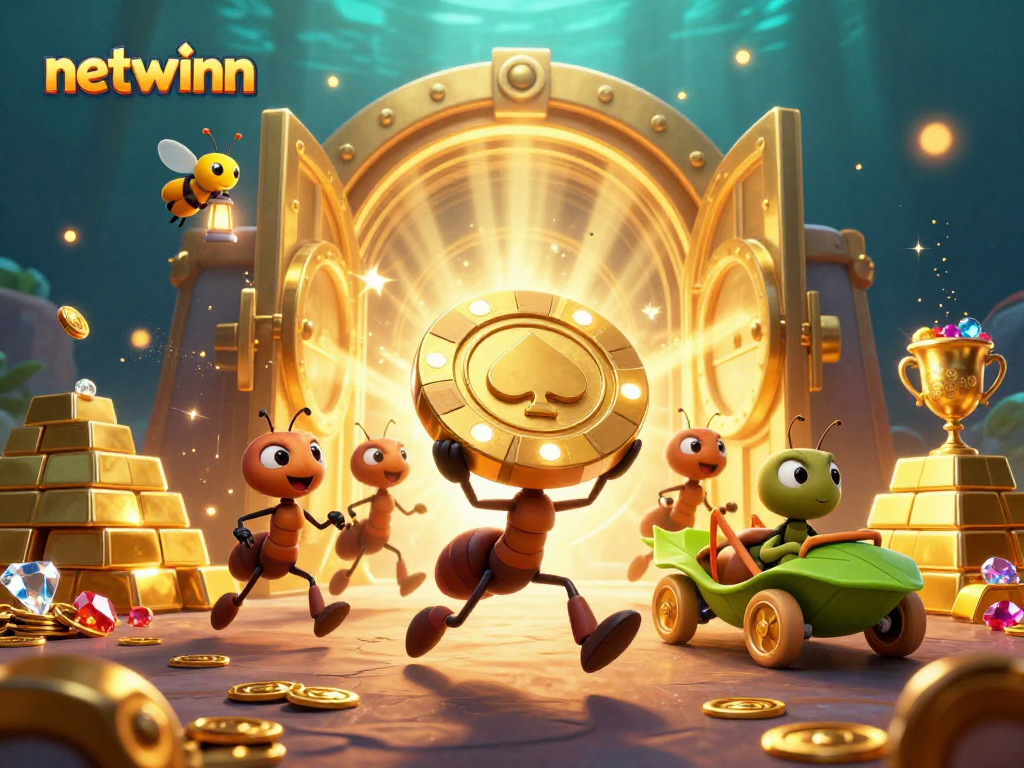 Engage with netwinn as cartoon ants carry a giant poker chip in a heist amidst treasures.