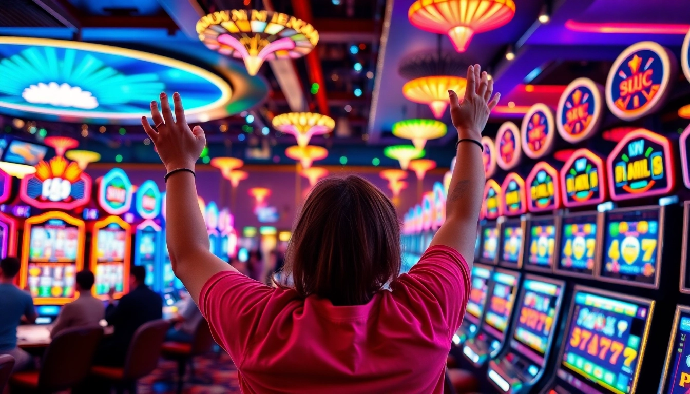Engaging slot gambling scene with vibrant machines and excited players celebrating a win.