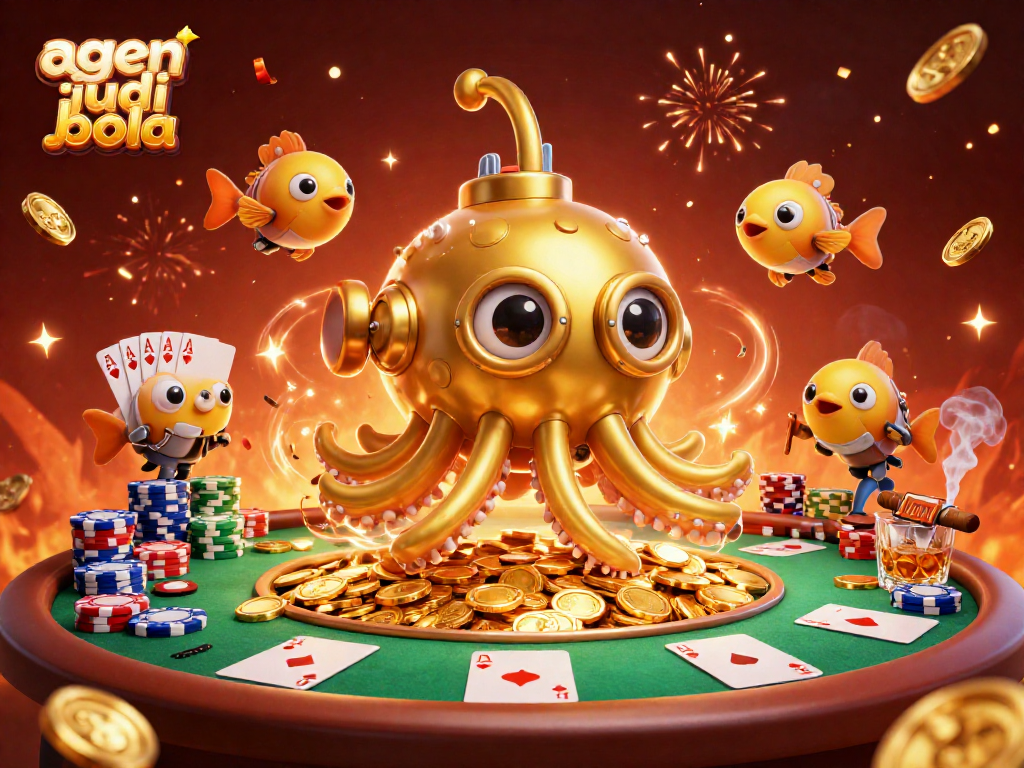 Engaging illustration of agen judi bola with a golden kraken submarine and poker elements.