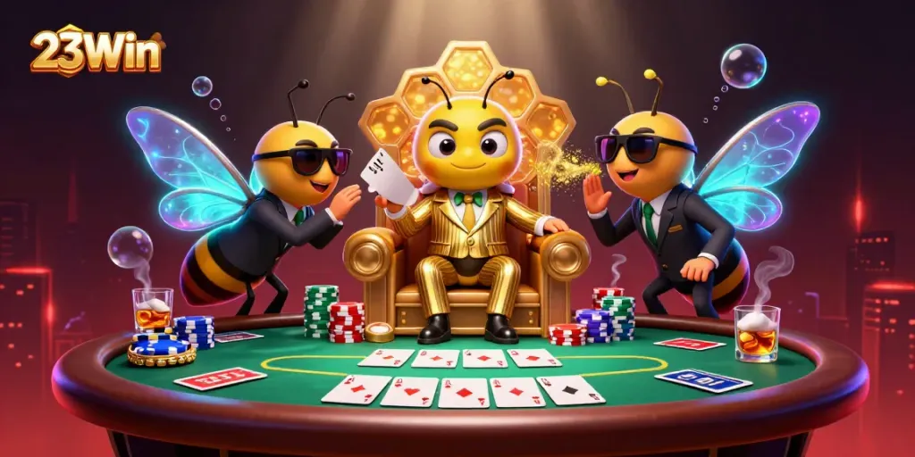 23Win casino scene featuring a bumblebee boss and poker elements, promoting engaging gambling visuals.