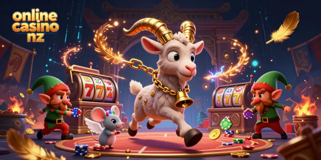 Engage with the lively online casino nz scene featuring Krampus, an angel mouse, and gremlins in action.