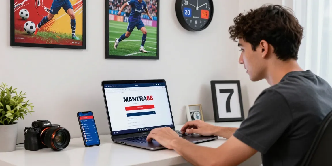Excited user accessing mantra88 login on laptop in vibrant betting setup with sports decor.