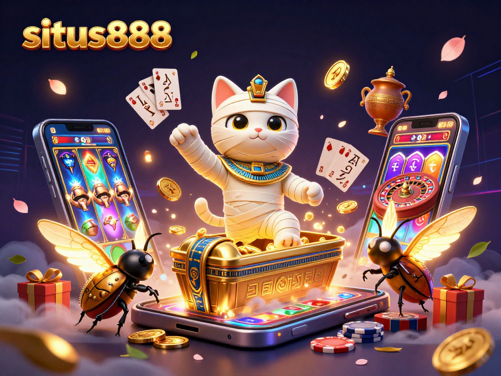 Experience thrilling gaming at situs888 with a mummy cat and glowing scarab in a dynamic casino scene.