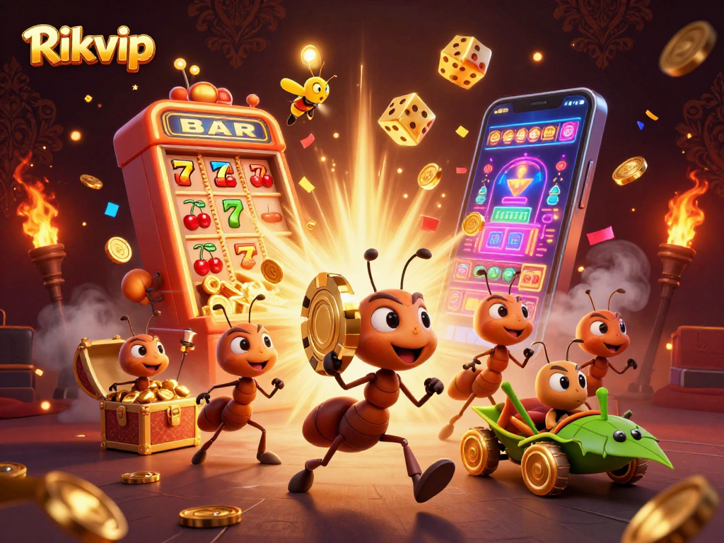 Rikvip's animated heist scene showcases ants and golden chips, representing an engaging casino adventure.